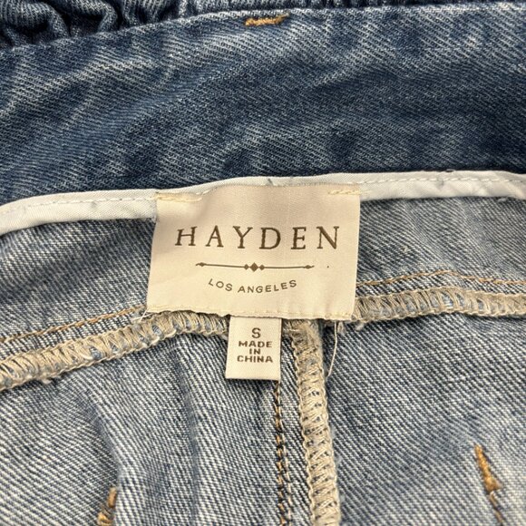 Hayden Light denim mini skirt, ruffled waist, frayed Hemline, Vintage Vibe Small - Picture 2 of 9